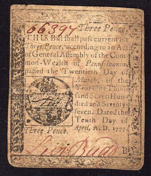 Pennsylvania Colony, April 10, 1777,  Three Pence, 66397